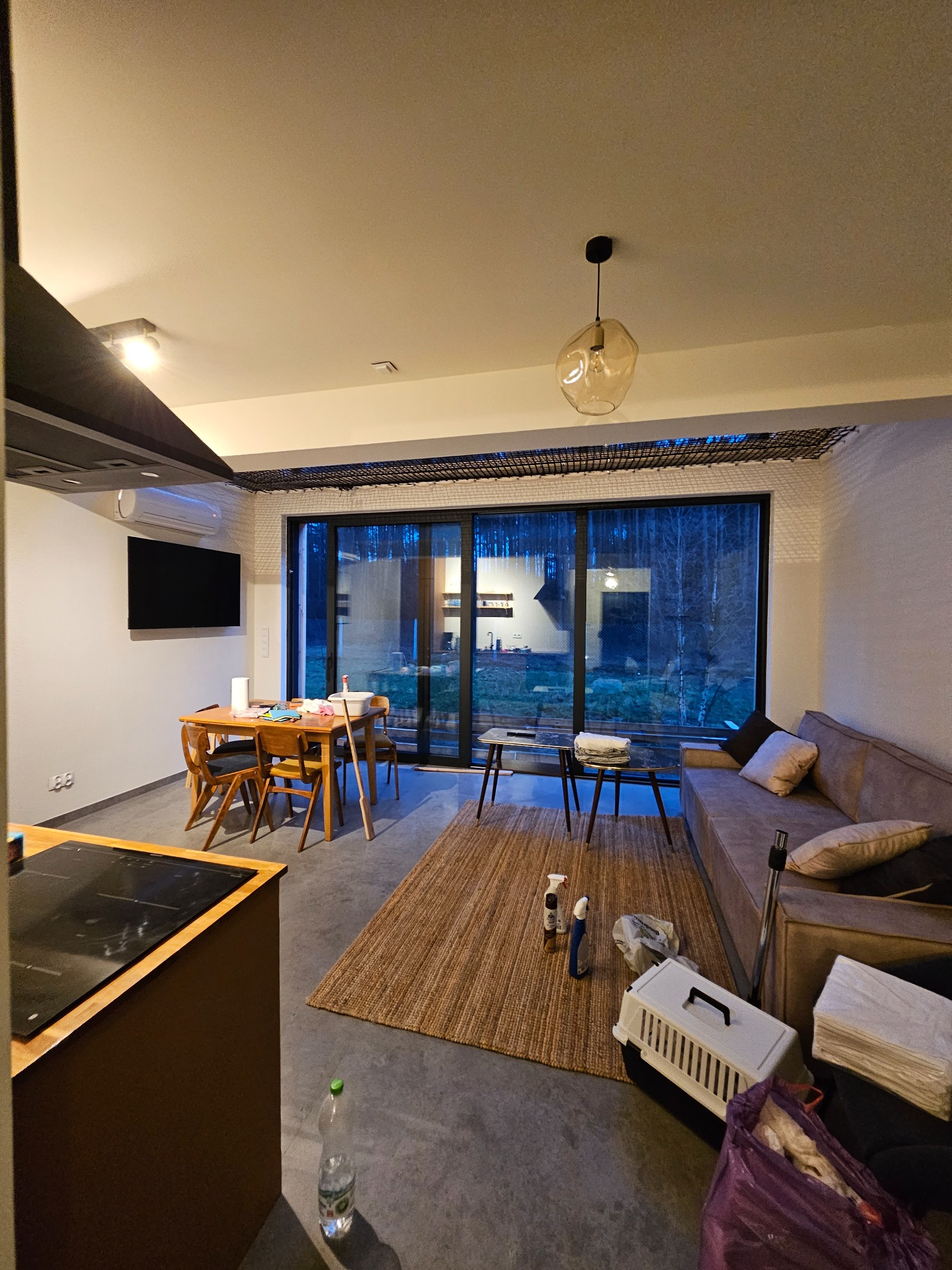 Wnętrze domu z widocznym salonem i jadalnią, w trakcie lub tuż po sprzątaniu, z widocznymi środkami czystości, transporterem dla zwierząt, butelką wody i workiem na śmieci, sugerującymi niedawne...