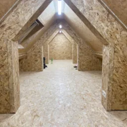 Poddasze wykończone płytami OSB, widoczne oświetlenie sufitowe, gniazdko elektryczne i butelka wody mineralnej jako punkt odniesienia skali przestrzeni.