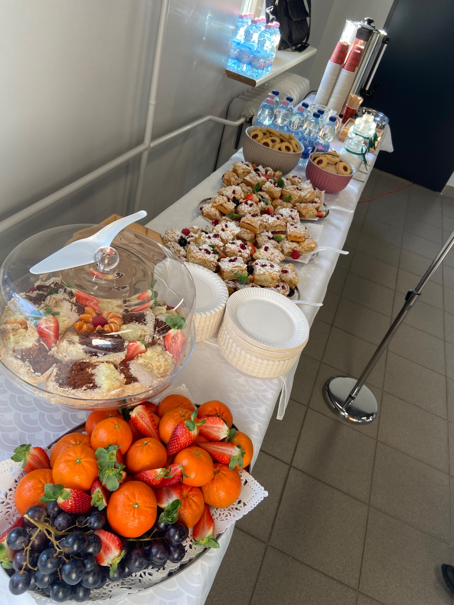 Stół z przekąskami: ciasto pod kloszem, mandarynki ze świeżymi truskawkami i winogronami, babeczki posypane cukrem pudrem i owocami, ciasteczka w miseczkach, woda mineralna i termosy z napojami.