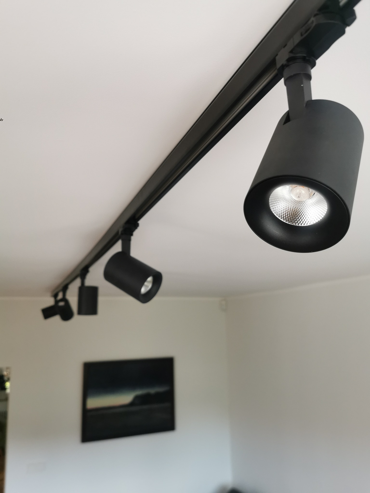 Czarny system szynowy z reflektorami LED zamontowany na suficie, oświetlający wnętrze z obrazem na ścianie w tle.