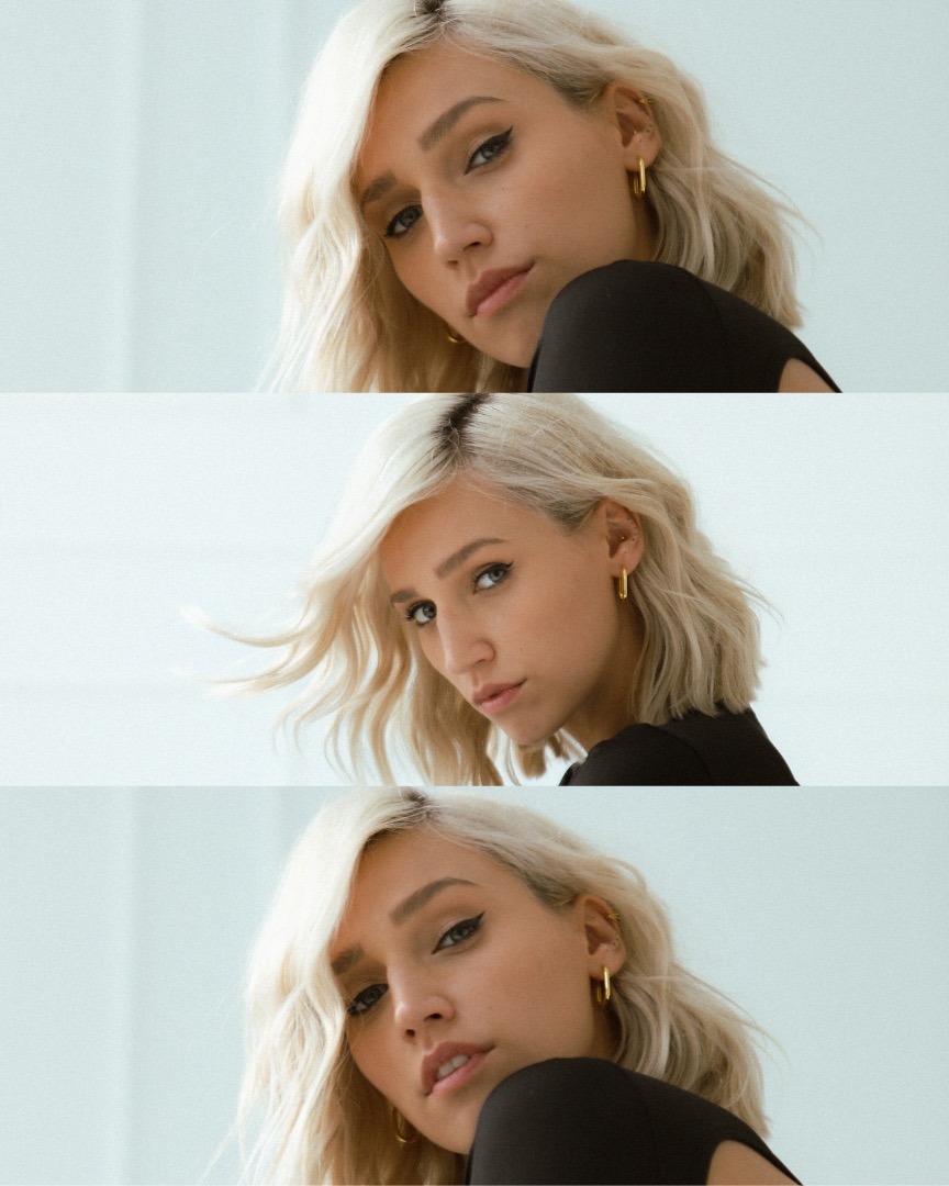 Potrójne ujęcie portretowe kobiety z platynowymi blond włosami, czarną bluzką i złotymi kolczykami, skierowanej w stronę kamery z delikatnym makijażem i subtelnym wyrazem twarzy.