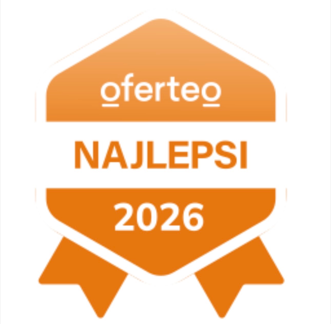 Pomarańczowa odznaka Oferteo 'Najlepsi 2026' z białym obramowaniem i wstążkami, symbolizująca wysoką jakość usług i uznanie w branży.