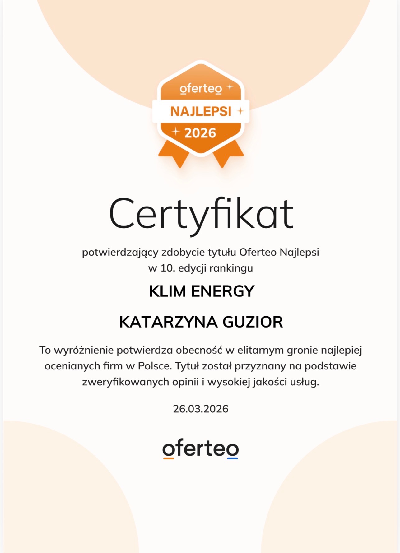 Certyfikat Oferteo Najlepsi 2026 dla Klim Energy z Warszawy, potwierdzający wysoką jakość usług i obecność w elitarnym gronie najlepiej ocenianych firm.