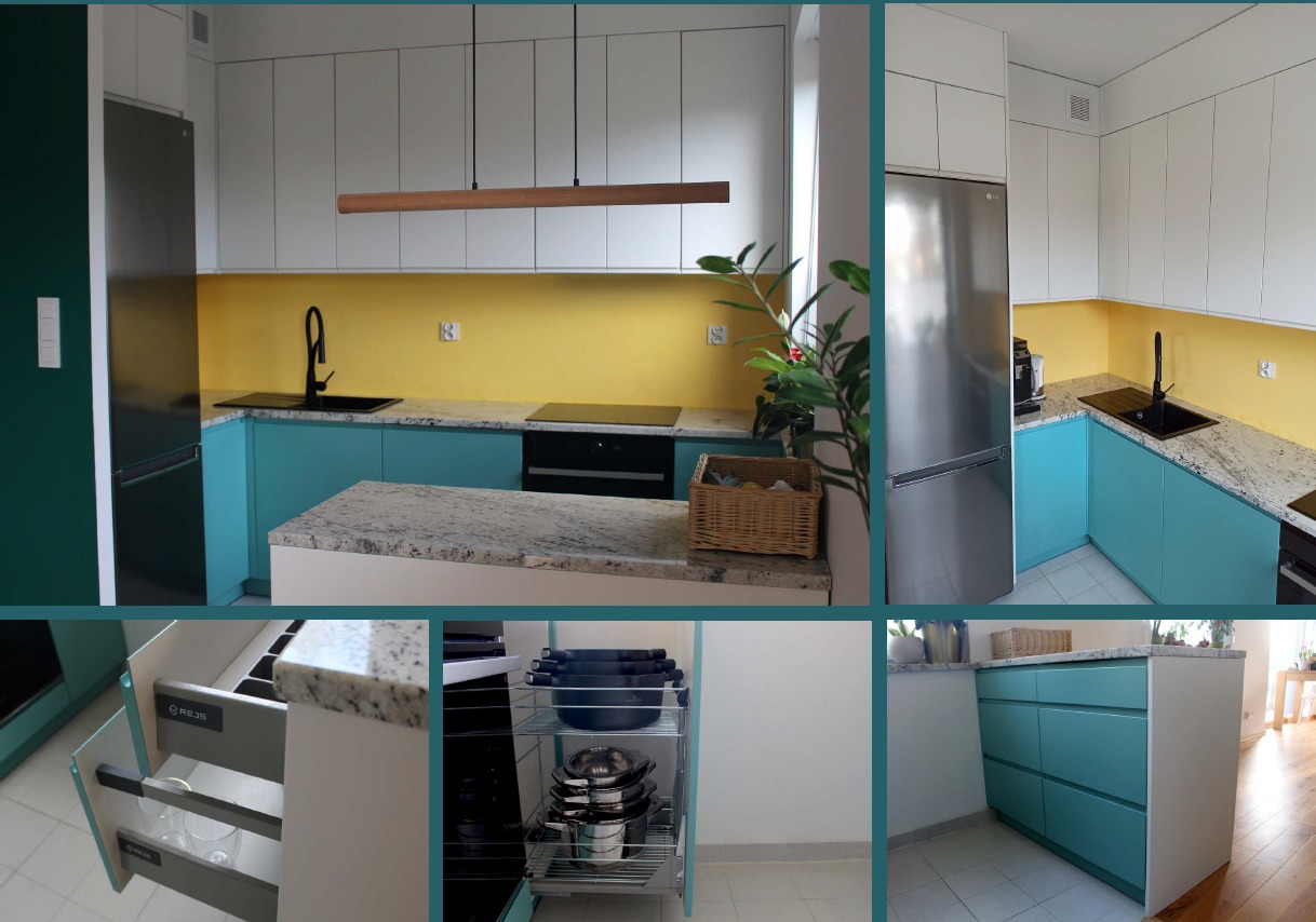 Nowoczesna kuchnia z białymi szafkami górnymi, turkusowymi dolnymi, żółtym panelem ściennym i wyspą z blatem w szarym melanżu. Widoczne otwarte szuflady z organizerami na naczynia i wysuwany kosz...