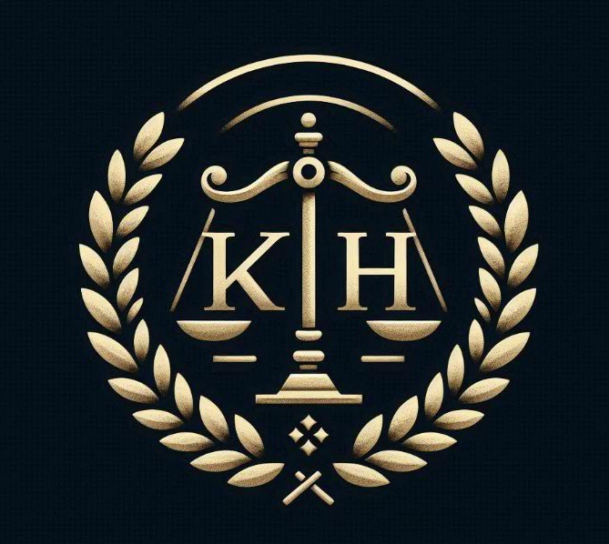 Złote logo kancelarii prawnej KH na ciemnym tle, przedstawiające wagę sprawiedliwości otoczoną wieńcem laurowym.