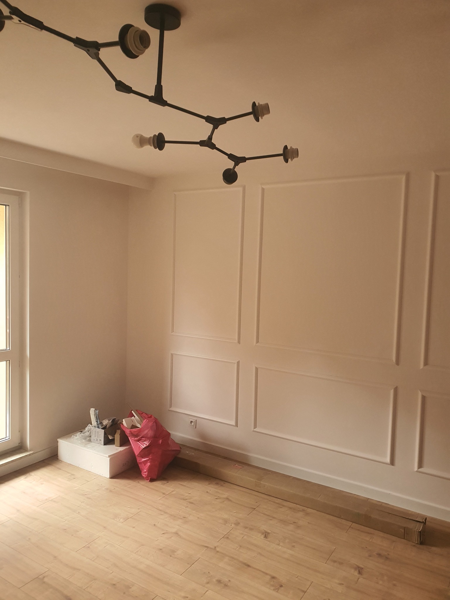 Pomalowane na biało ściany z dekoracyjnymi listwami w nowym mieszkaniu, widoczna nowoczesna czarna lampa sufitowa, podłoga wyłożona panelami, karton i worek z odpadami po remoncie przy ścianie.