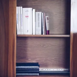 Półka z książkami prawniczymi, w tym Kodeks Rodzinny i Opiekuńczy oraz Prawo Gospodarcze, na drewnianej półce w biurze.