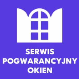 Grafika przedstawiająca biały symbol okna na fioletowym tle z napisem 'SERWIS POGWARANCYJNY OKIEN' w kolorze białym.