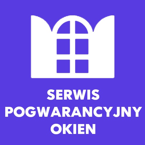 Grafika przedstawiająca biały symbol okna na fioletowym tle z napisem 'SERWIS POGWARANCYJNY OKIEN' w kolorze białym.