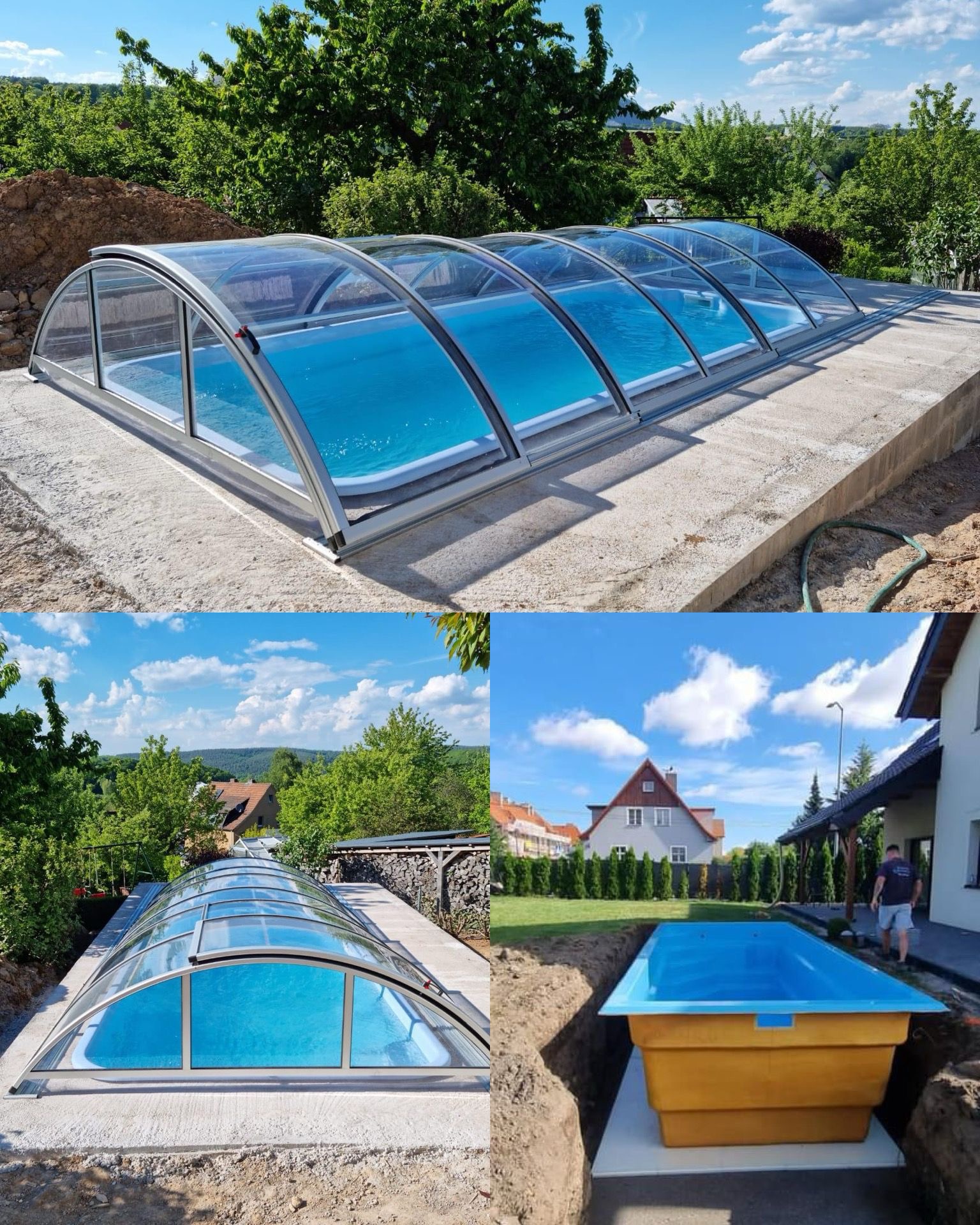 Kompozycja trzech zdjęć: basen z zadaszeniem na betonowej platformie, basen z zadaszeniem w ogrodzie oraz żółty basen w wykopie na tle domu.