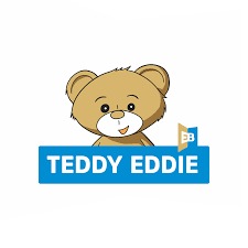 Logo firmy Teddy Eddie z rysunkowym misiem w tle, umieszczone na niebieskim prostokącie z białym napisem.