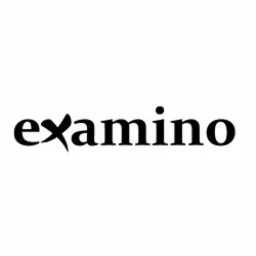 Czarno-białe logo 'examino' z charakterystycznym, stylizowanym 'x'.