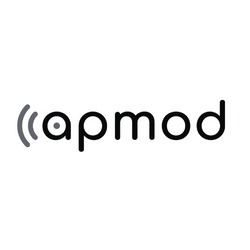 Czarno-białe logo firmy 'apmod' z elementem graficznym przypominającym fale radiowe po lewej stronie litery 'a'.