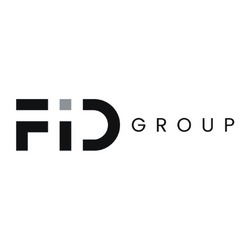 Czarno-białe logo firmy FID Group na białym tle. Graficzny znak z liter FI połączonych z kształtem litery D, obok napis GROUP mniejszą czcionką.