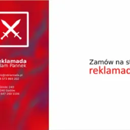 Wizytówka firmy reklamowej z logo przedstawiającym skrzyżowane miecze, adres e-mail, numer telefonu i adres siedziby.