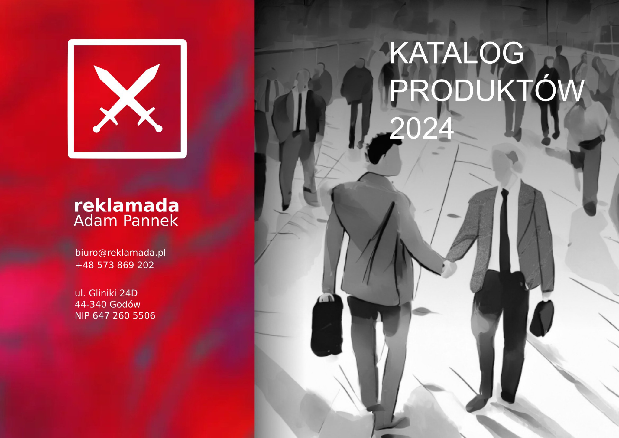 Okładka katalogu produktów na rok 2024 z logo firmy reklamowej, przedstawiająca stylizowany tłum ludzi w tle i dwóch mężczyzn w garniturach idących obok siebie.