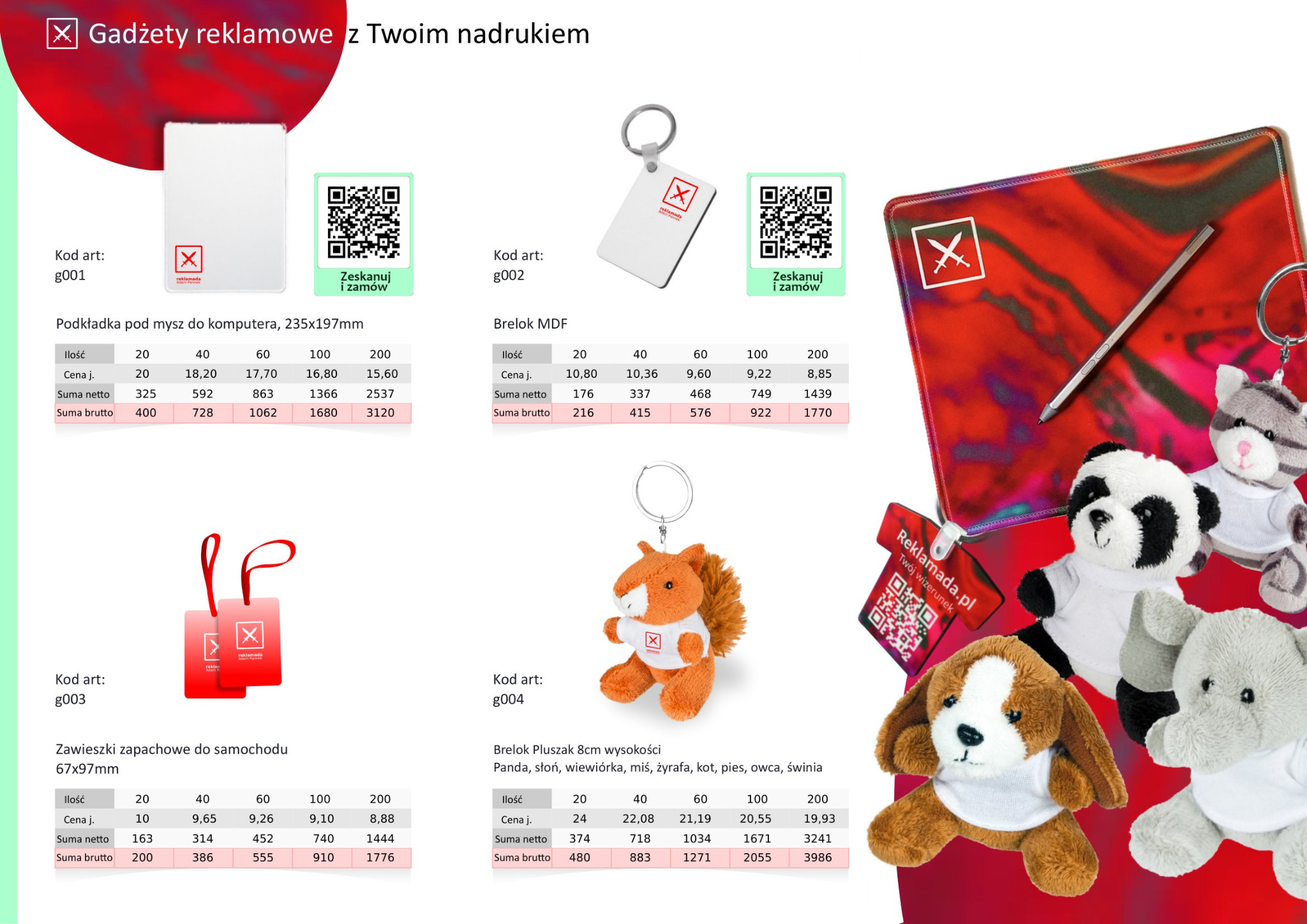 Katalog gadżetów reklamowych z nadrukiem: podkładka pod mysz, brelok MDF, zawieszki zapachowe do samochodu i brelok pluszak w różnych kształtach zwierząt z logo firmy.