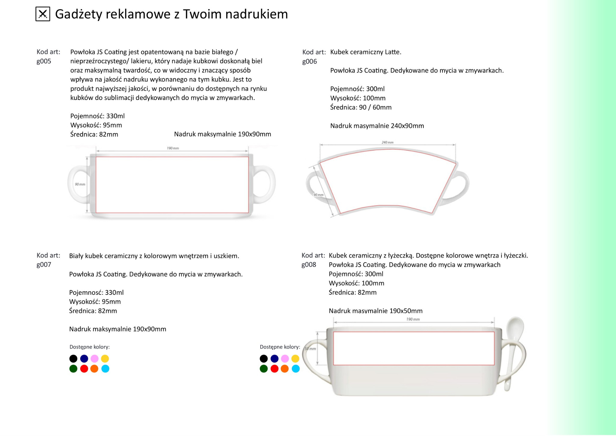 Wizualizacja graficzna kubków ceramicznych z możliwością nadruku, przedstawiająca modele o różnych kształtach i pojemnościach, wraz z informacjami o wymiarach i dostępnych kolorach.