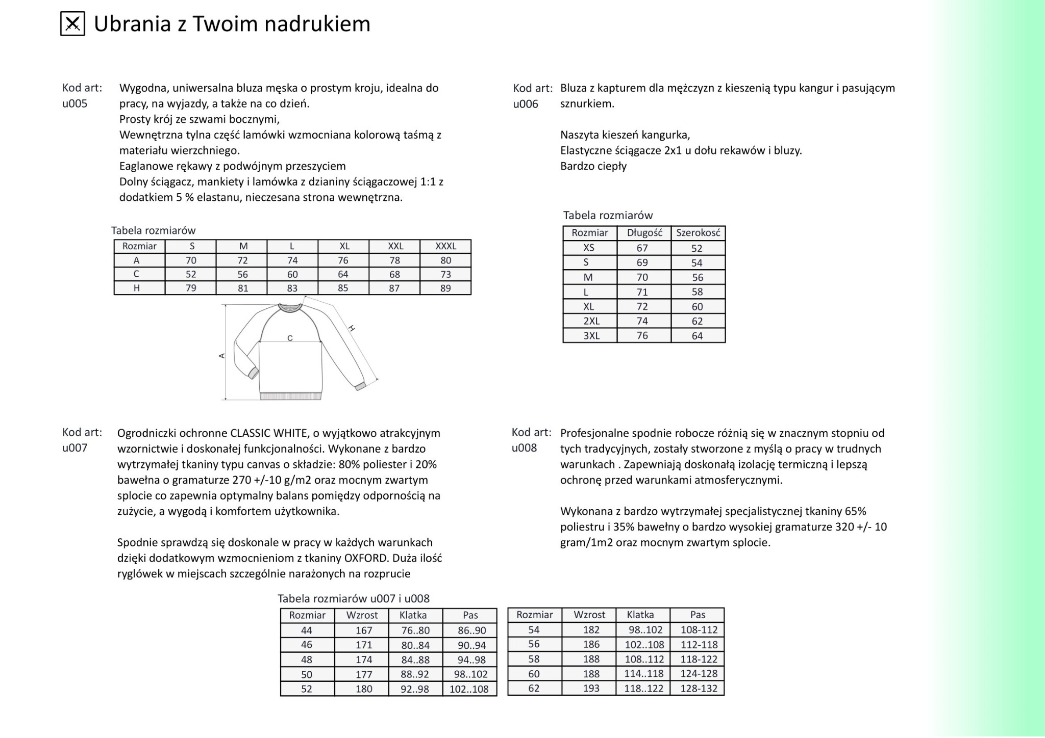 Informacje o odzieży roboczej z tabelami rozmiarów i opisami technicznymi bluz, spodni ogrodniczek i spodni roboczych, prezentowane na białym tle.