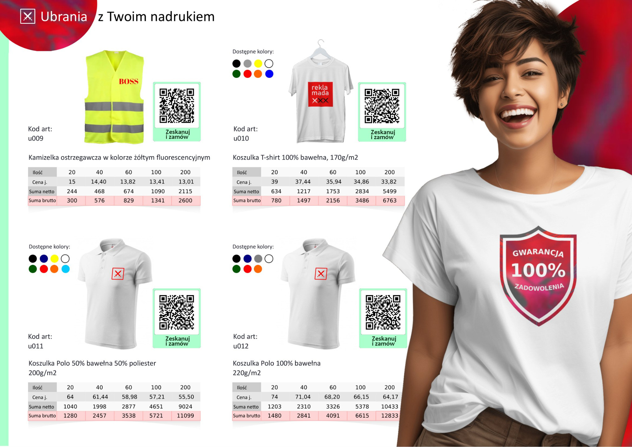Katalog odzieży reklamowej z nadrukiem, prezentujący kamizelkę ostrzegawczą, t-shirt i koszulki polo z informacjami o cenach i dostępnych kolorach, obok uśmiechnięta kobieta w t-shircie z gwarancją...
