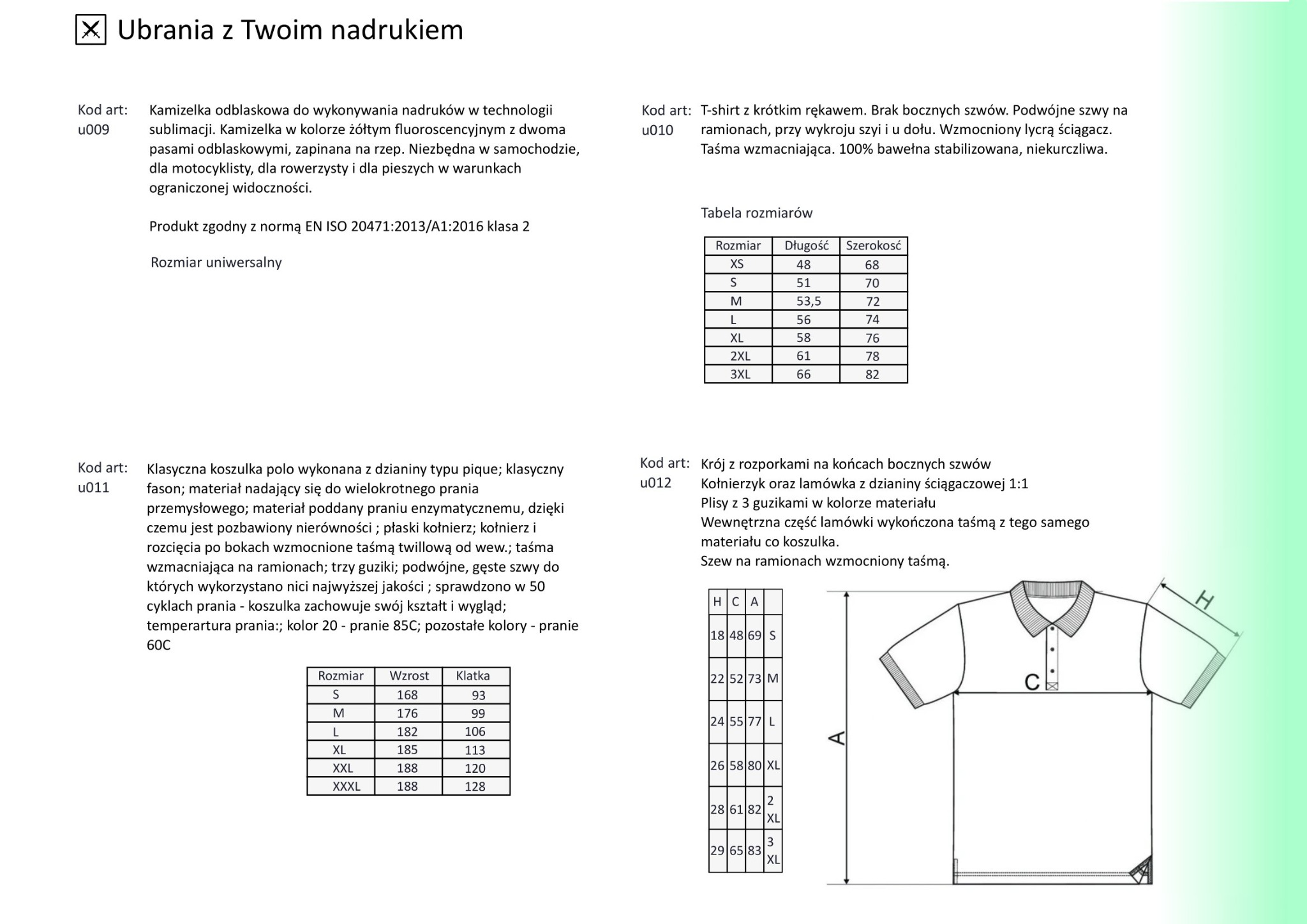 Opis techniczny koszulek polo z tabelami rozmiarów i specyfikacjami materiałowymi, w tym rodzaj dzianiny, sposób prania i wzmocnienia szwów.