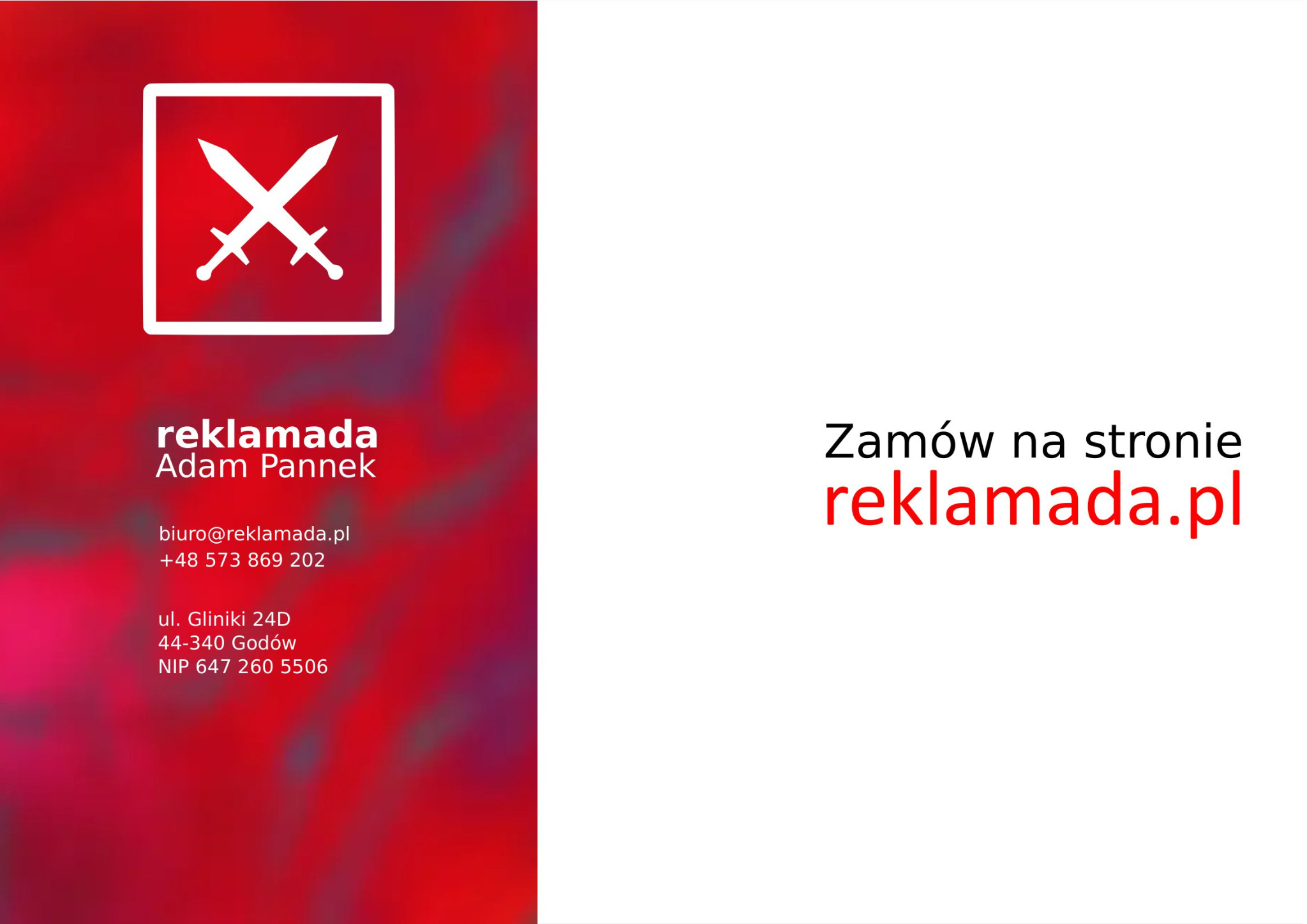 Wizytówka firmy reklamowej z logo przedstawiającym skrzyżowane miecze, adres e-mail, numer telefonu i adres siedziby.