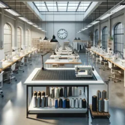 Przestronna szwalnia z rzędami stanowisk pracy wyposażonych w maszyny do szycia, lampy i krzesła, podświetlona naturalnym światłem z dużych okien i sufitu, z widoczną dużą ilością nici na stole...