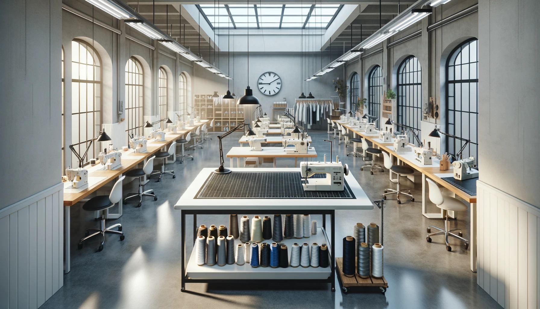 Przestronna szwalnia z rzędami stanowisk pracy wyposażonych w maszyny do szycia, lampy i krzesła, podświetlona naturalnym światłem z dużych okien i sufitu, z widoczną dużą ilością nici na stole...