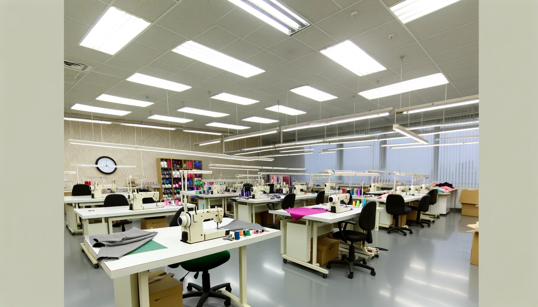 Jasne wnętrze szwalni z rzędami białych stołów z maszynami do szycia, kolorowe nici na półkach w tle, zegar na ścianie.