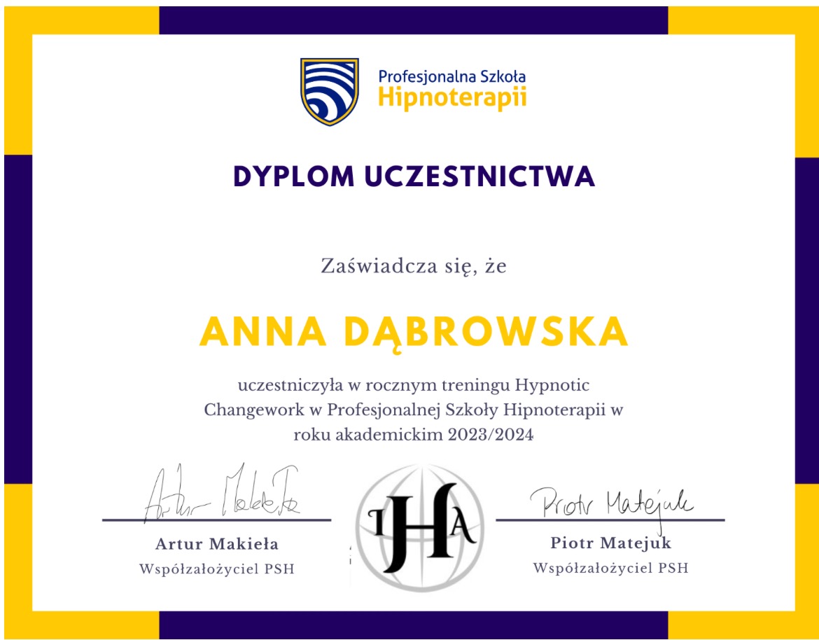 Dyplom uczestnictwa w rocznym treningu Hypnotic Changework w Profesjonalnej Szkole Hipnoterapii dla Anny Dąbrowskiej w roku akademickim 2023/2024, z podpisami Artura Makieły i Piotra Matejuka...