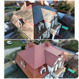 Zdjęcie 'przed i po' prezentuje renowację dachu restauracji: zaniedbana, brudna dachówka zamieniona na nową, czerwoną, z odświeżonymi detalami architektonicznymi.