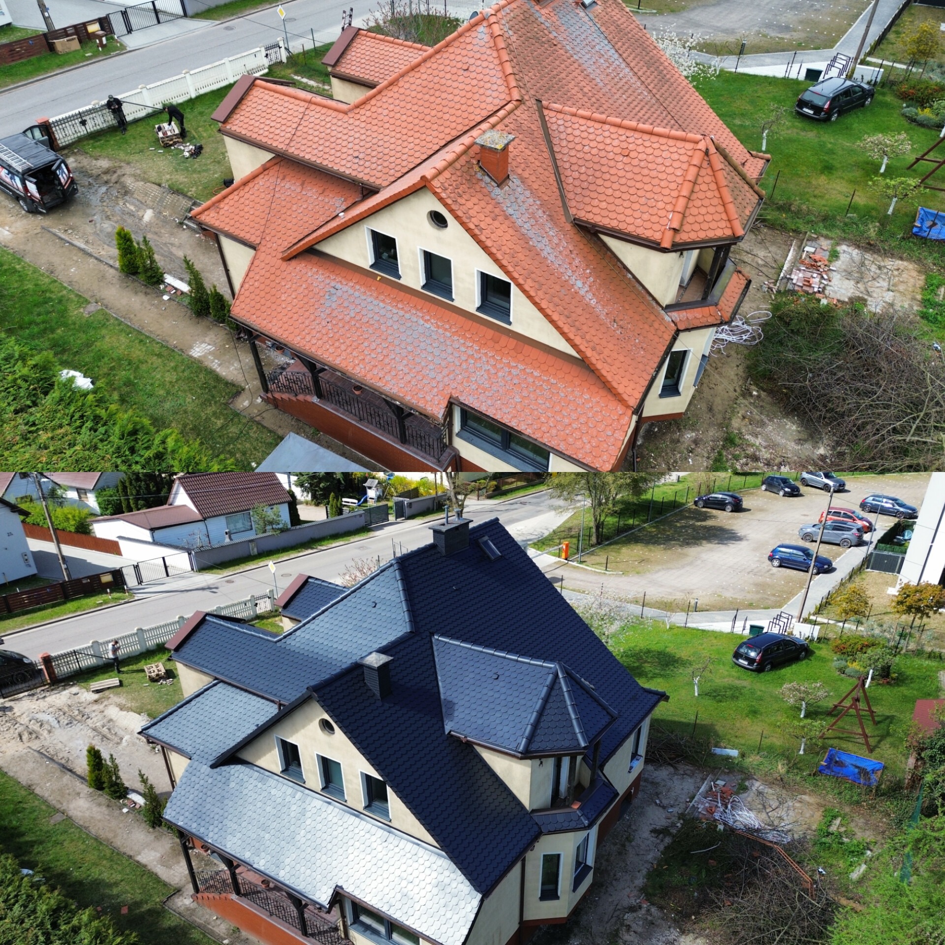 Zdjęcie dachu domu przed i po malowaniu, z widoczną różnicą kolorów dachówki. Ujęcie z góry, prezentujące efekt renowacji dachu.