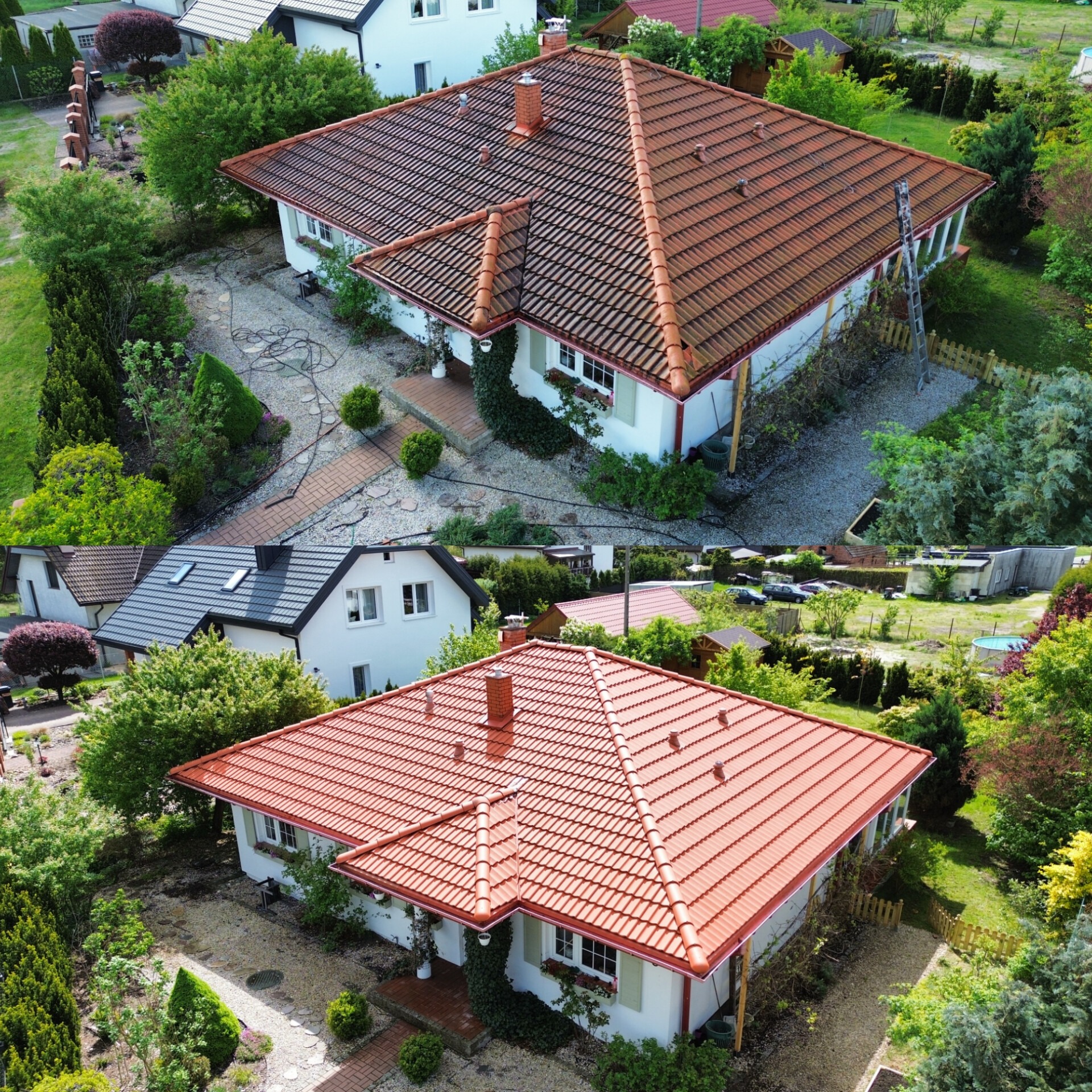Zdjęcie 'przed i po' prezentujące efekt czyszczenia dachu z czerwonej dachówki. Górna część zdjęcia pokazuje zabrudzony dach, dolna - czysty, odświeżony dach. Widok z góry.