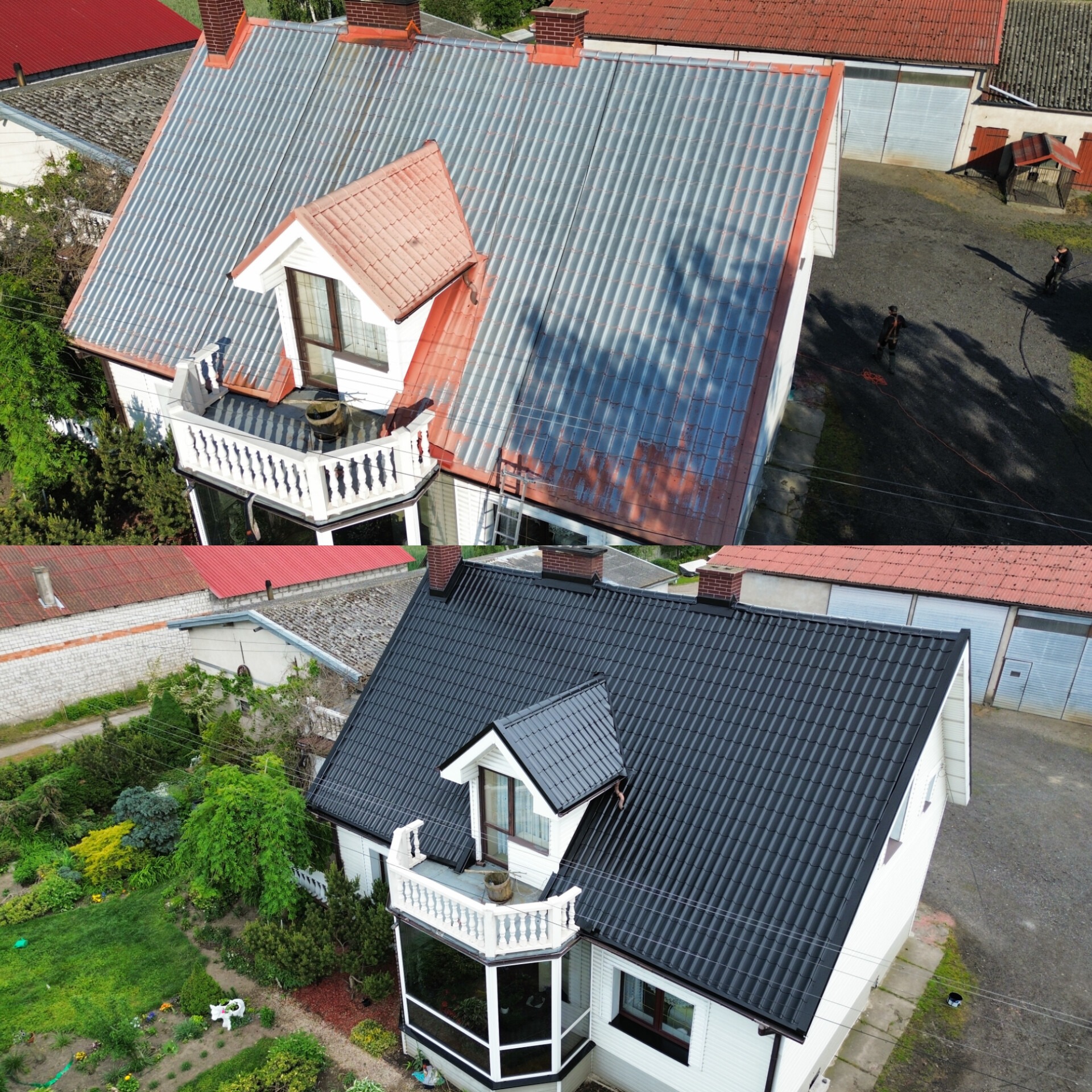 Zdjęcie dachu domu przed i po malowaniu. Górna część dachu jest szara i brudna, dolna pomalowana na czarno. Widok z góry, zieleń w tle.