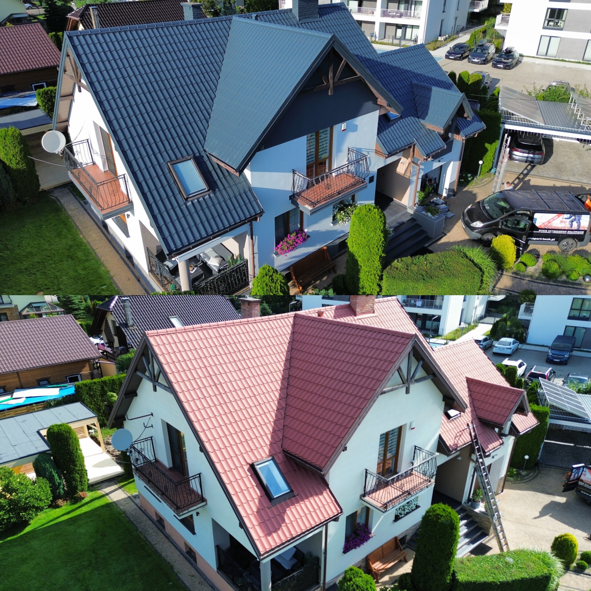 Zdjęcie 'przed i po' prezentujące dom z dachem: przed renowacją z czerwoną dachówką, po renowacji z grafitową dachówką. Widok z góry.
