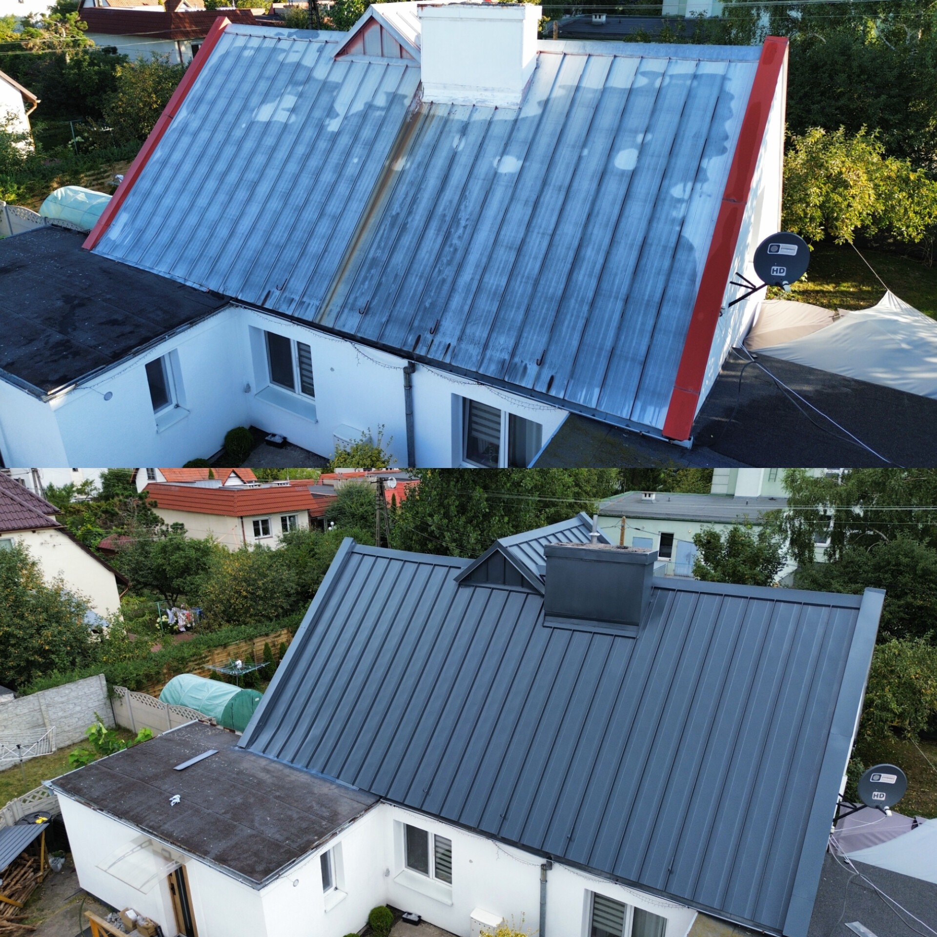 Porównanie dachu przed i po malowaniu: blaszany dach z widocznymi zabrudzeniami i ten sam dach po renowacji, pokryty szarą farbą. Ujęcie z góry.