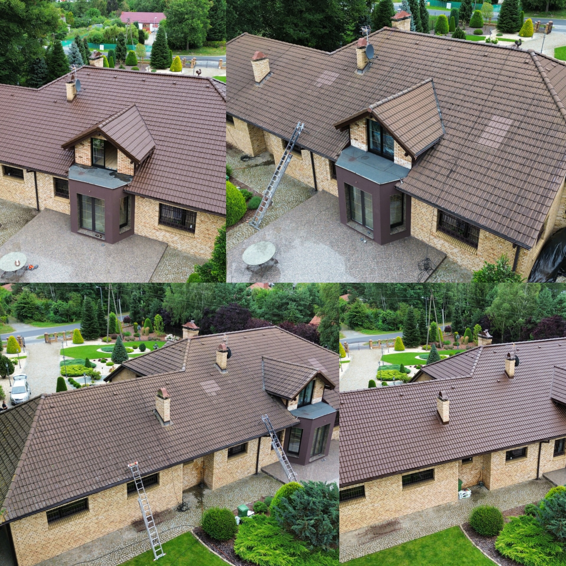 Brązowy dach z dachówki ceramicznej po czyszczeniu, widok z góry. Rozstawiona drabina oparta o ścianę budynku. Otoczenie domu z zadbanym ogrodem.