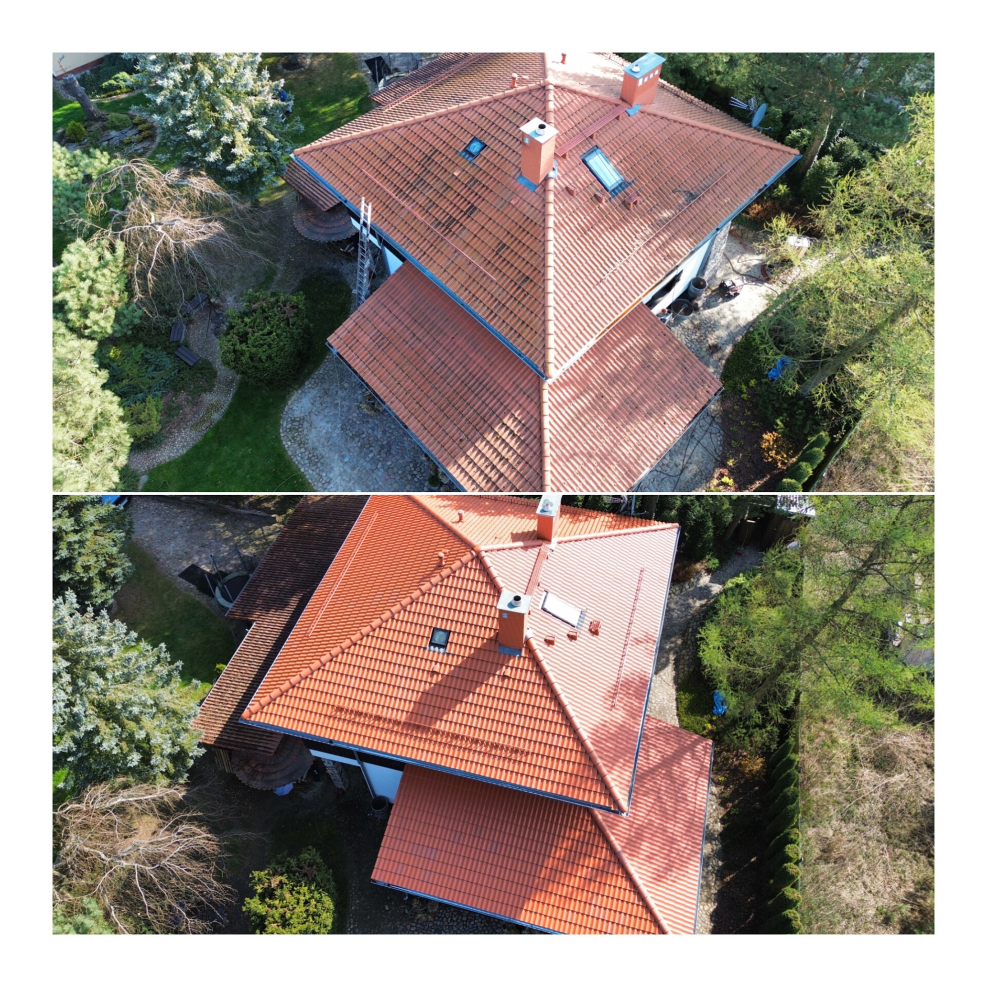 Zdjęcie dachu z dachówką ceramiczną przed i po czyszczeniu, widok z góry, ukazujący różnicę w kolorze i czystości powierzchni. Otoczenie: drzewa i krzewy.