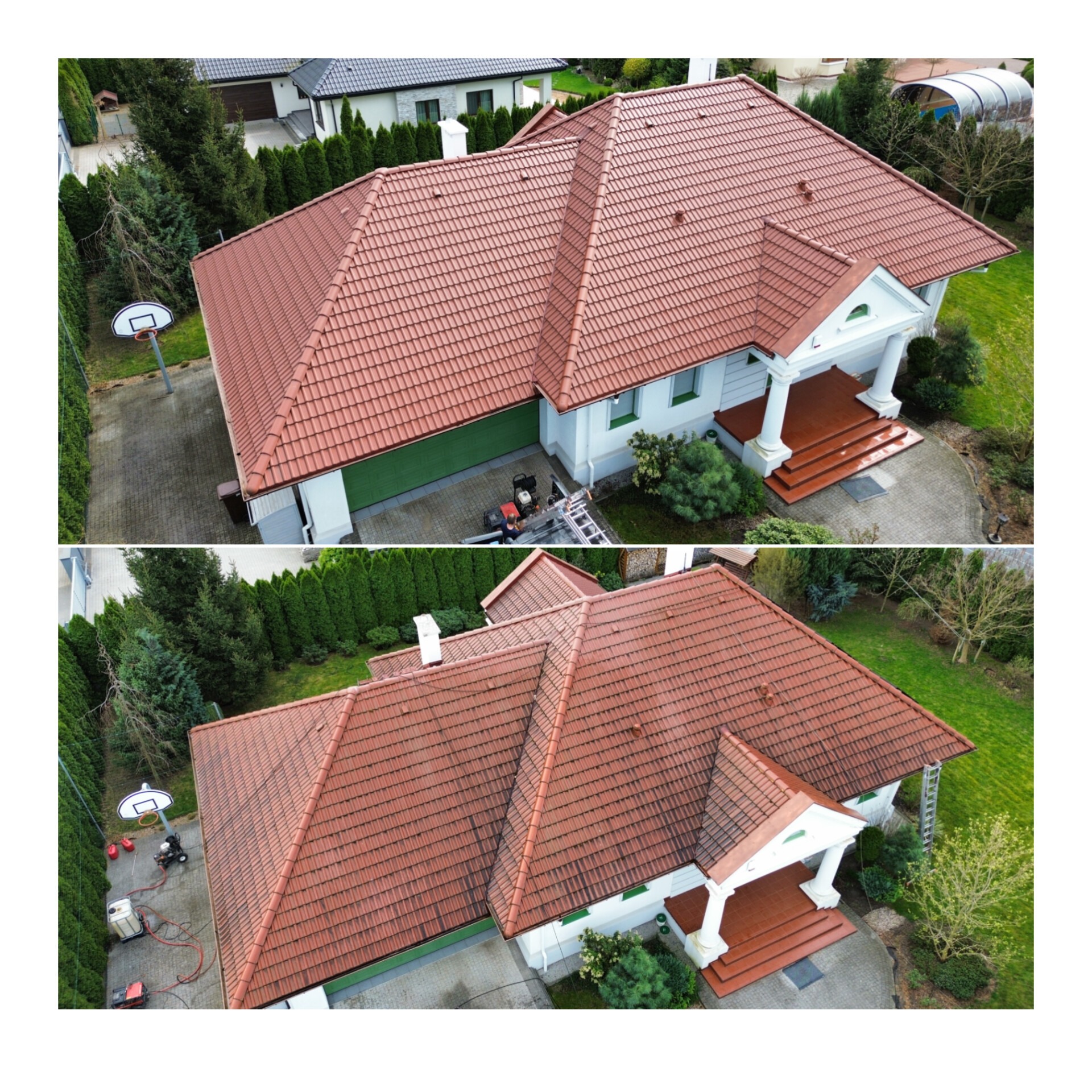 Porównanie dachu przed i po myciu w Białym Borze. Widok z góry ukazuje różnicę w czystości czerwonej dachówki, z widocznym sprzętem do mycia.