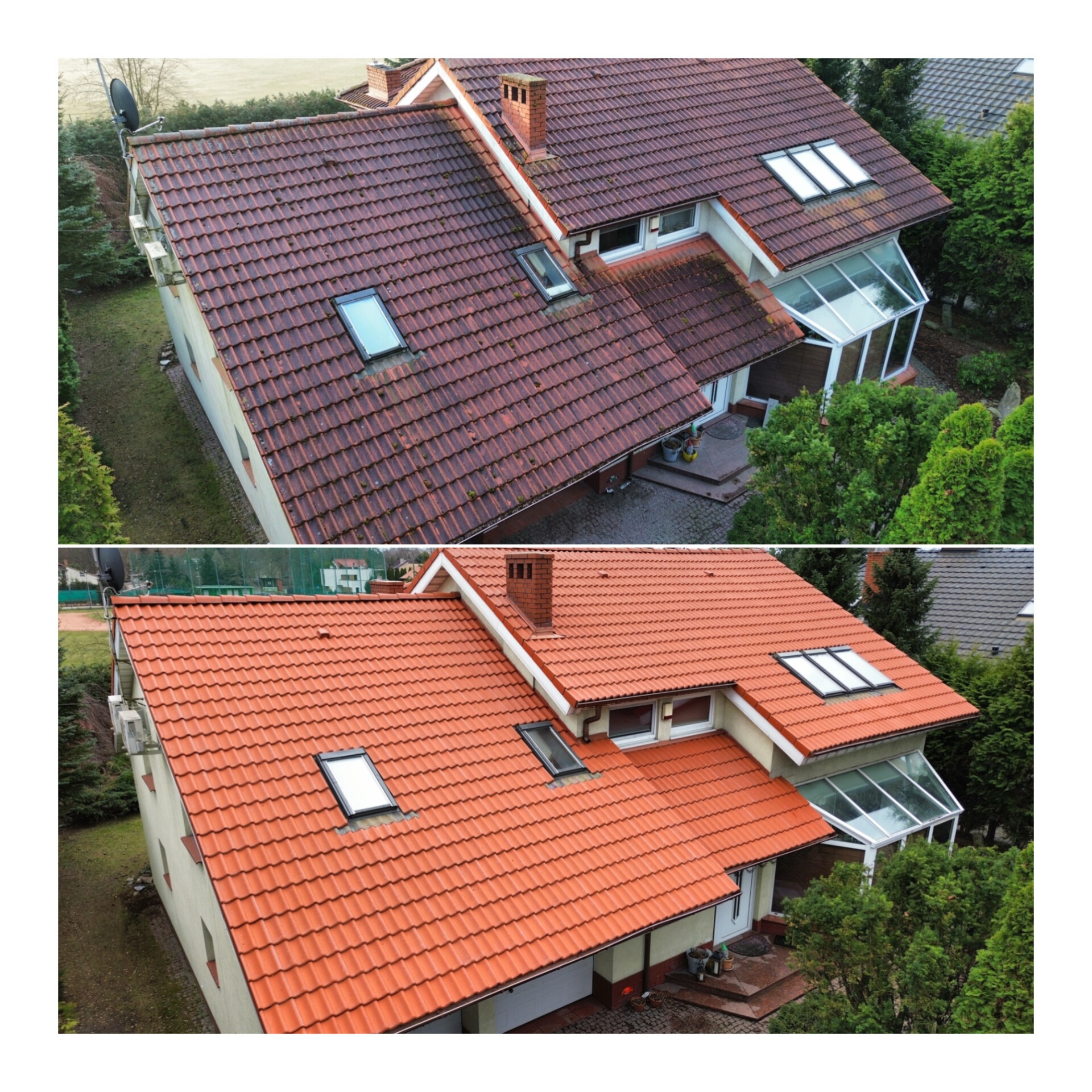 Zdjęcie dachu domu przed i po czyszczeniu. Czerwona dachówka, widoczne okna dachowe i ogród. Górna część dachu pokryta mchem, dolna czysta i odświeżona.