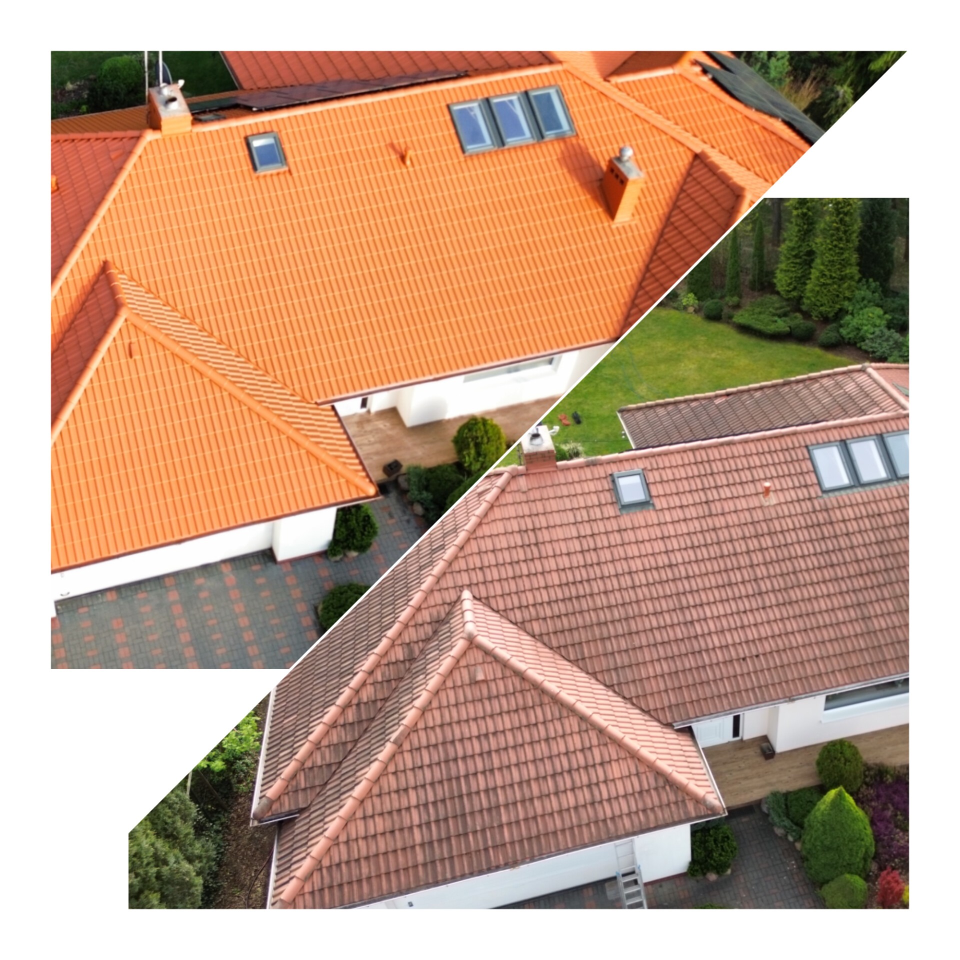 Zdjęcie dachu domu podzielone ukośnie: część wyczyszczona, z intensywną pomarańczową dachówką, a część z zabrudzoną, czerwoną dachówką. Widok z góry.