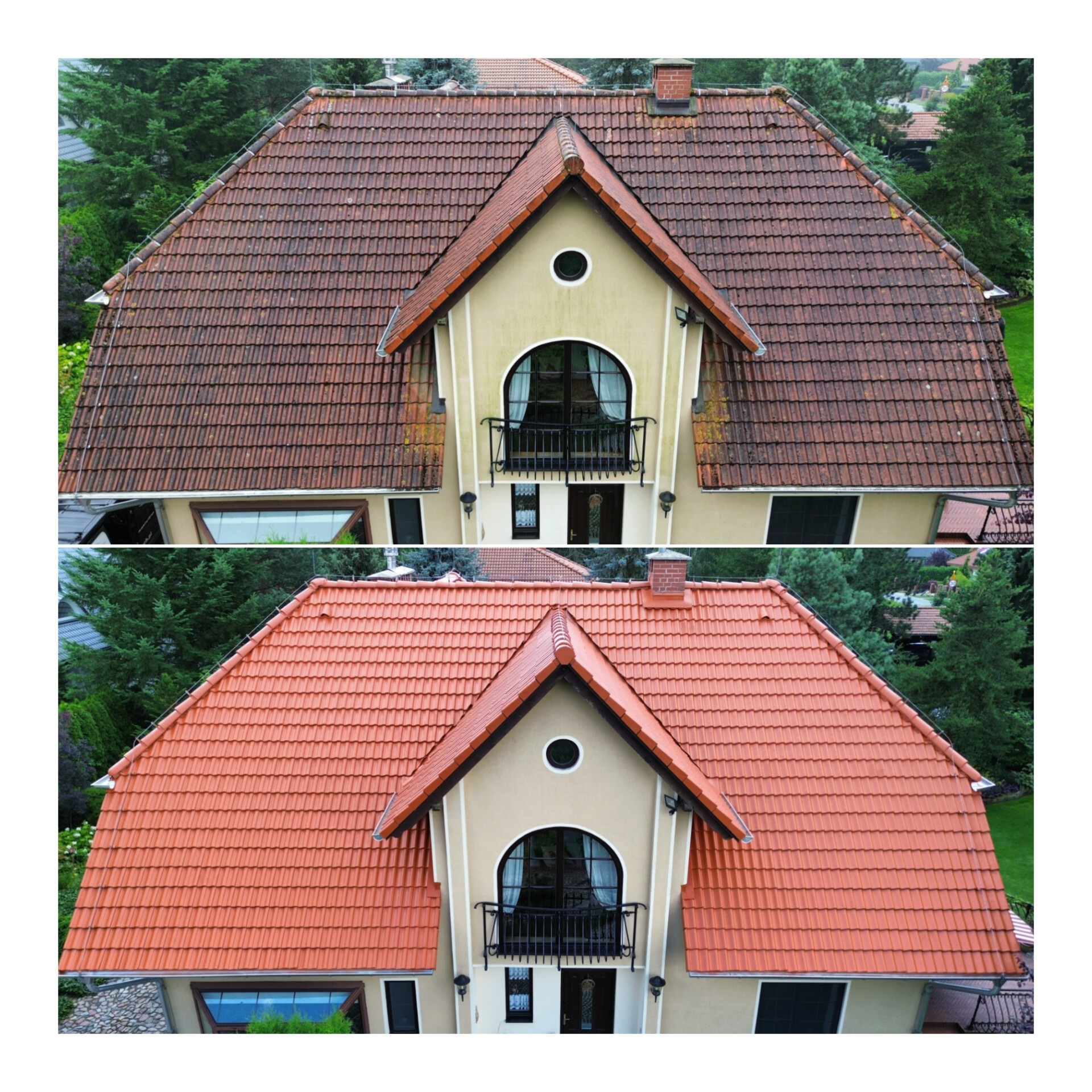 Zdjęcie dachu domu przed i po czyszczeniu, z widoczną różnicą w kolorze i czystości dachówki. Ujęcie z góry ukazuje dom z beżową elewacją i balkonem.