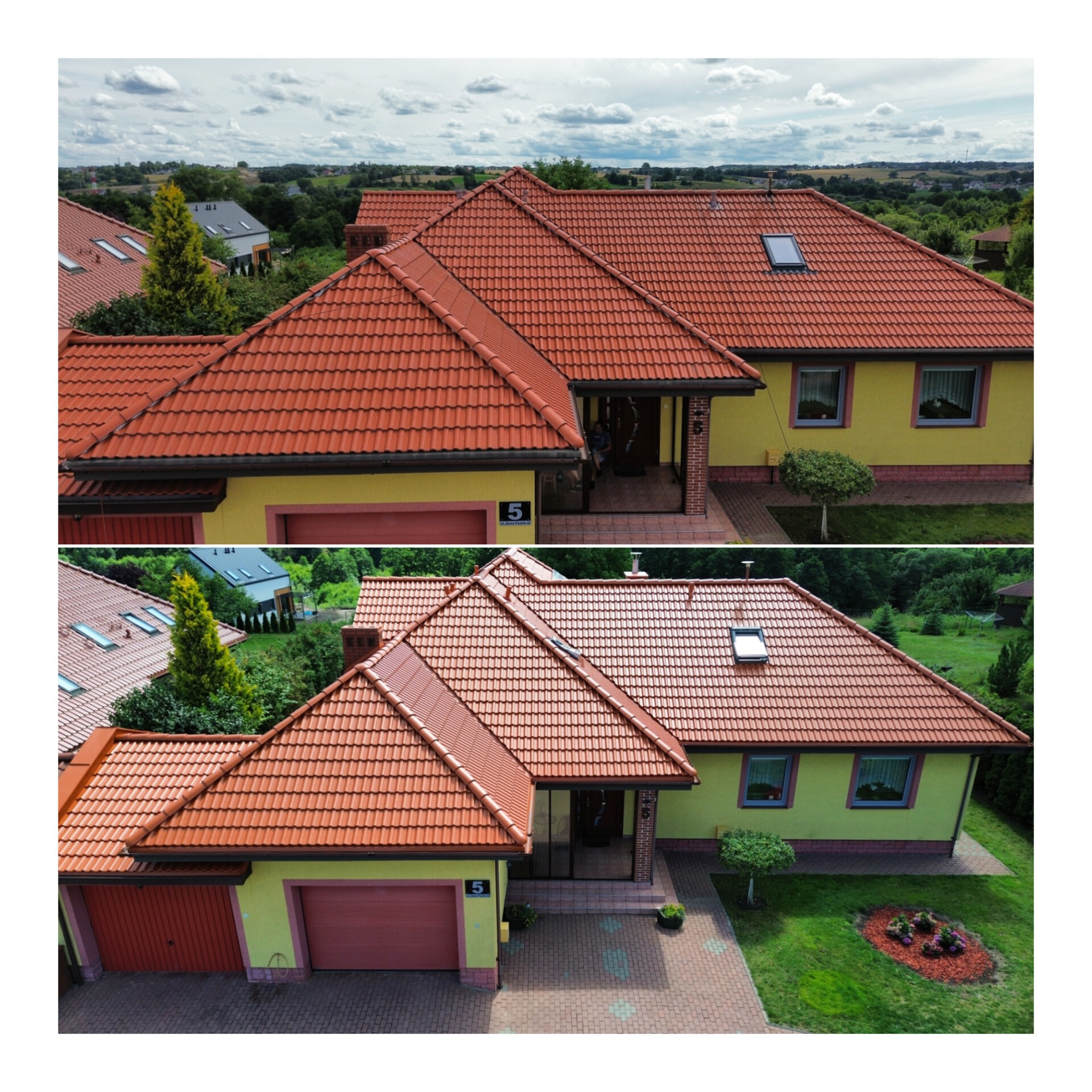 Zdjęcie 'przed i po' prezentujące odnowiony dach z czerwoną dachówką na żółtym domu z garażem, z widoczną kostką brukową i zadbanym ogrodem.