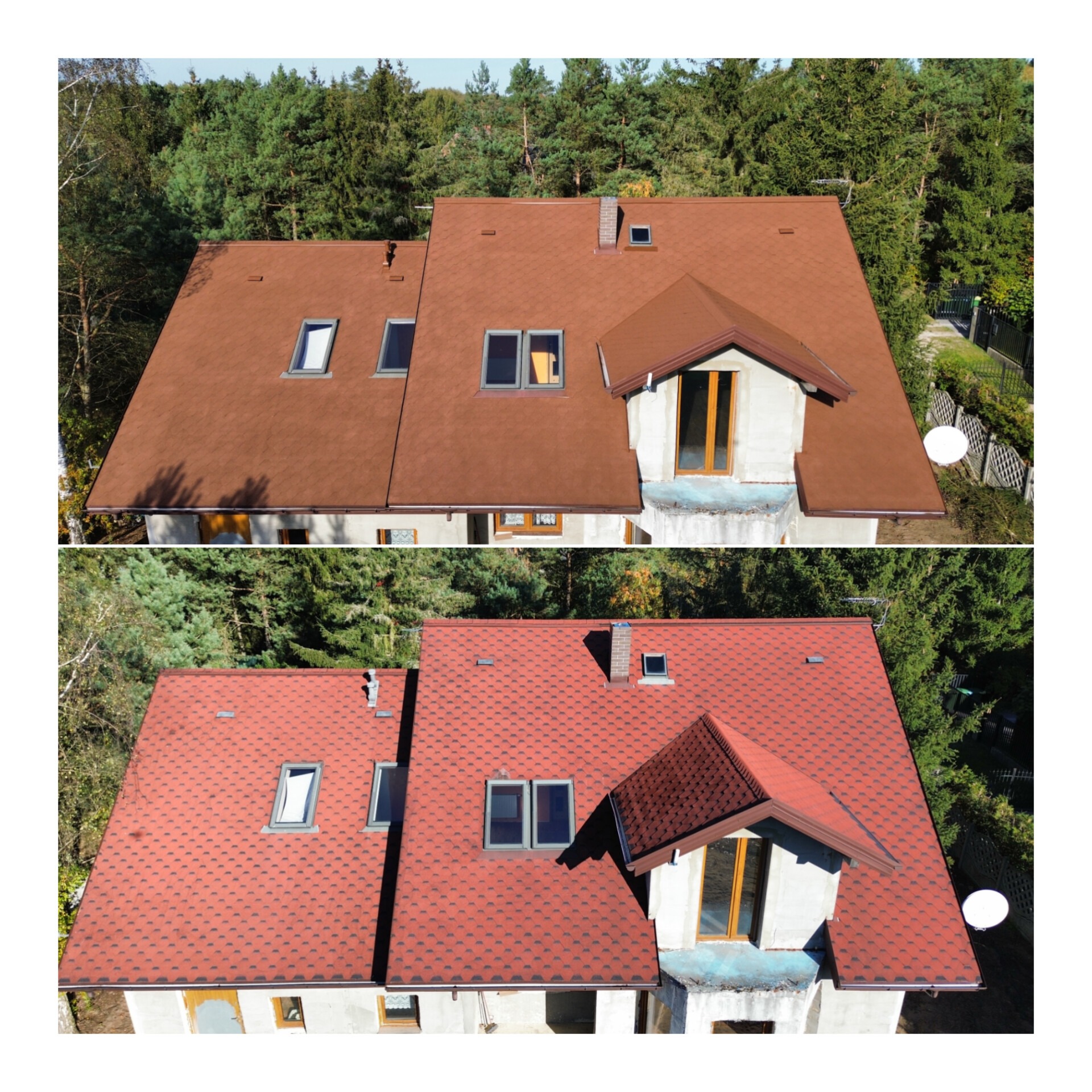 Zdjęcie dachu przed i po renowacji, z widoczną różnicą w kolorze i czystości dachówki bitumicznej. Ujęcie z góry, otoczenie zielone drzewa.