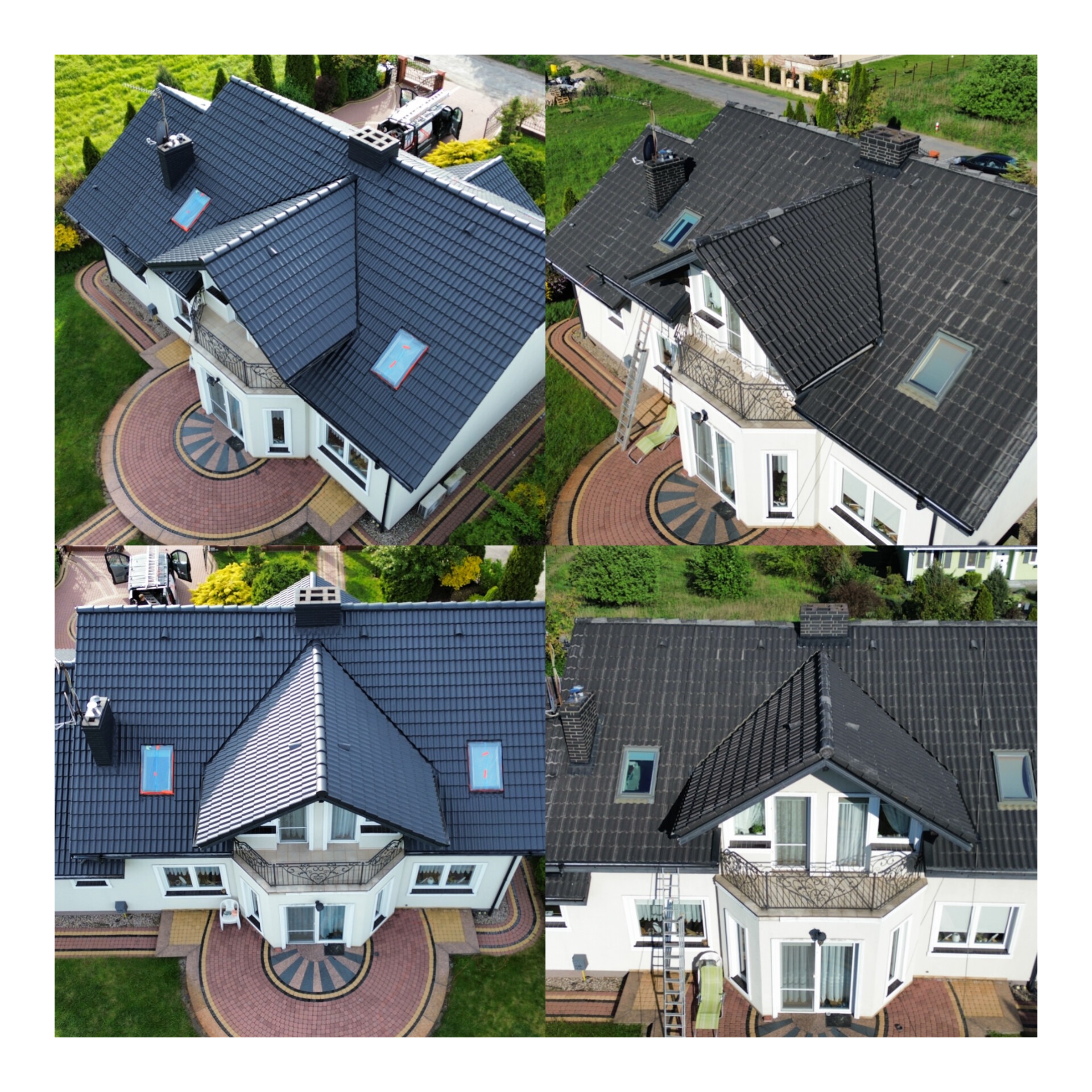 Kolaż prezentujący dach domu przed i po renowacji. Górne kadry z góry pokazują dach po renowacji, dolne kadry ukazują stan dachu przed renowacją. Widoczna zmiana koloru i czystości.