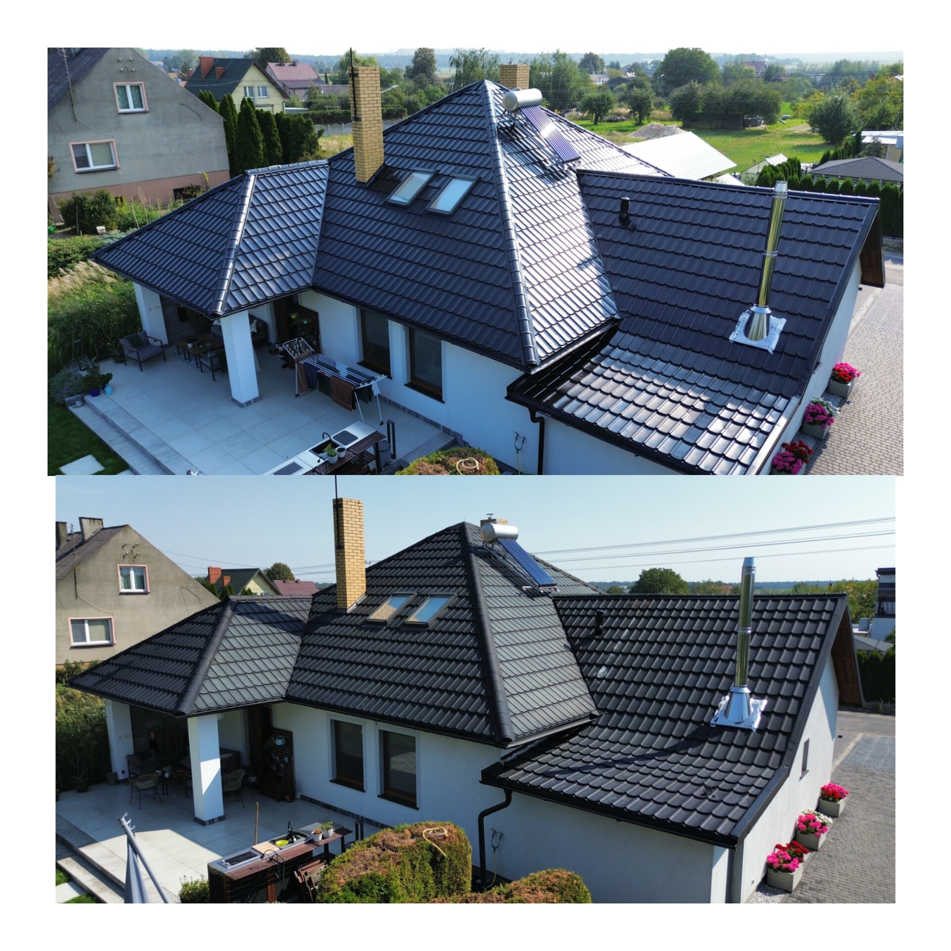 Zdjęcie dachu domu po renowacji z nową, ciemną dachówką, widoczne okna dachowe, komin i kolektory słoneczne. Ujęcie z góry prezentuje efekt końcowy prac dekarskich.