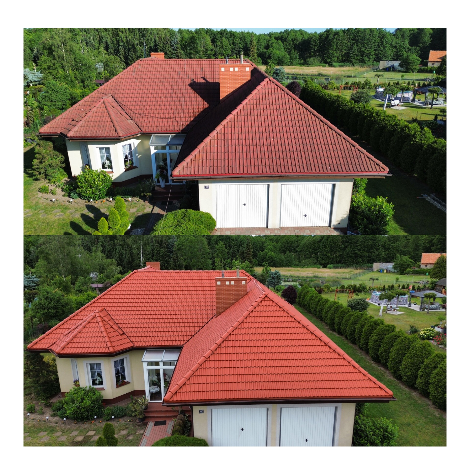 Dom z czerwonym dachem z dachówki ceramicznej, widok z góry. Uwagę przykuwa zadbany ogród z licznymi nasadzeniami i równo przyciętym żywopłotem.