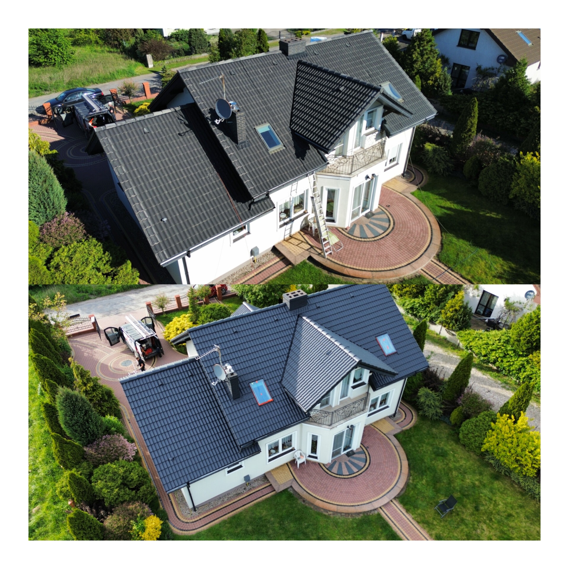 Zdjęcie z lotu ptaka przedstawia dom przed i po renowacji dachu. Po lewej stronie widoczny samochód i drabina oparta o ścianę, sugerujące prace renowacyjne.