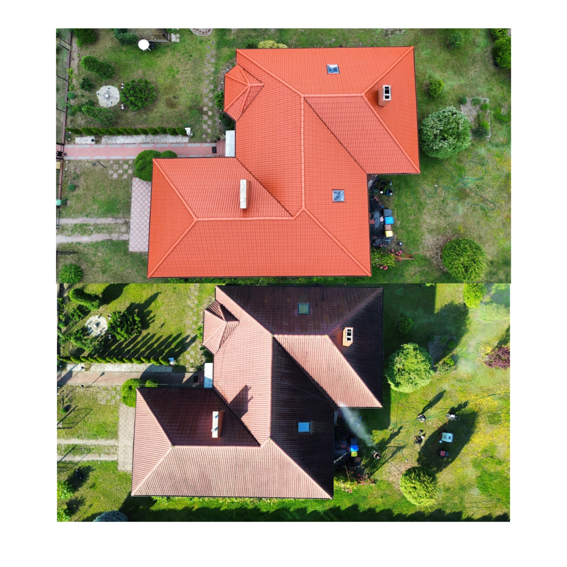 Zdjęcie z drona przedstawia dwa domy, górny z pomalowanym na czerwono dachem, dolny z dachem przed malowaniem, otoczone zielenią.
