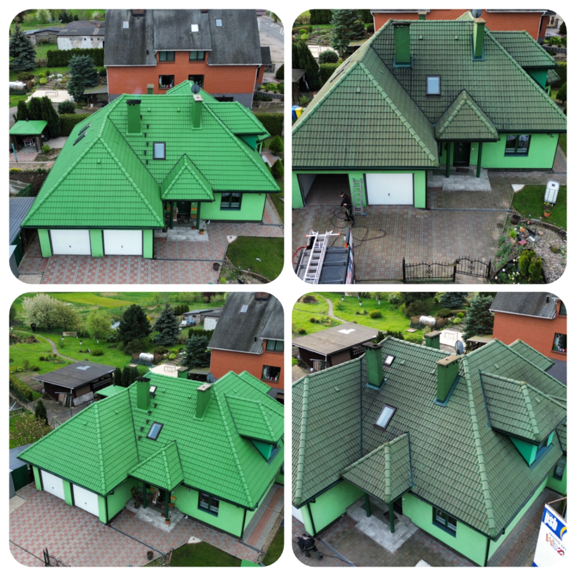 Dom z zielonym dachem i elewacją, prezentowany z różnych perspektyw. Widoczny pracownik z myjką ciśnieniową. Układ kolażu.